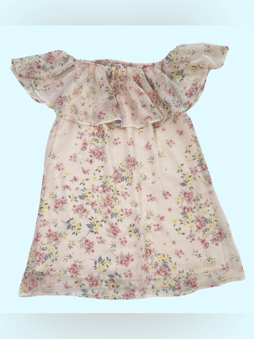 Blue Rain Floral Off-Shoulder Mini Dress in Pink, Yellow & Blue